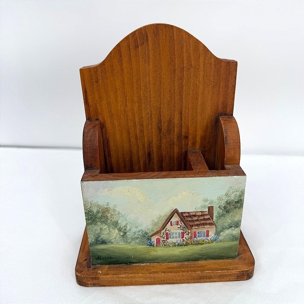 Wooden Note & Pen Holder Hand Painted Cottage Scene Desk Organizer VTG Country